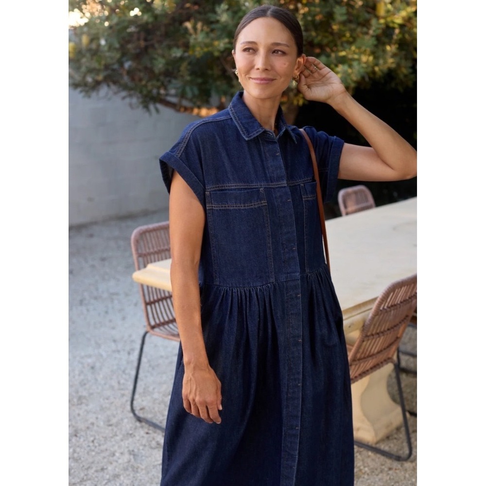 MAYE Harper Denim Dress Indigo Blue Midi Short Sleeve Button Front Relaxed 2X - Picture 3 of 7